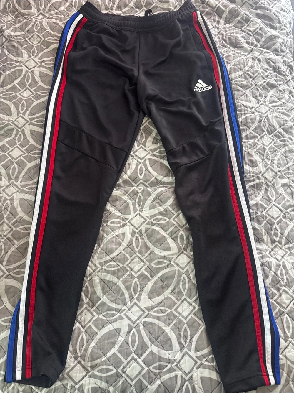 adidas Tiro Black Joggers with Red, White & Blue Side Stripes